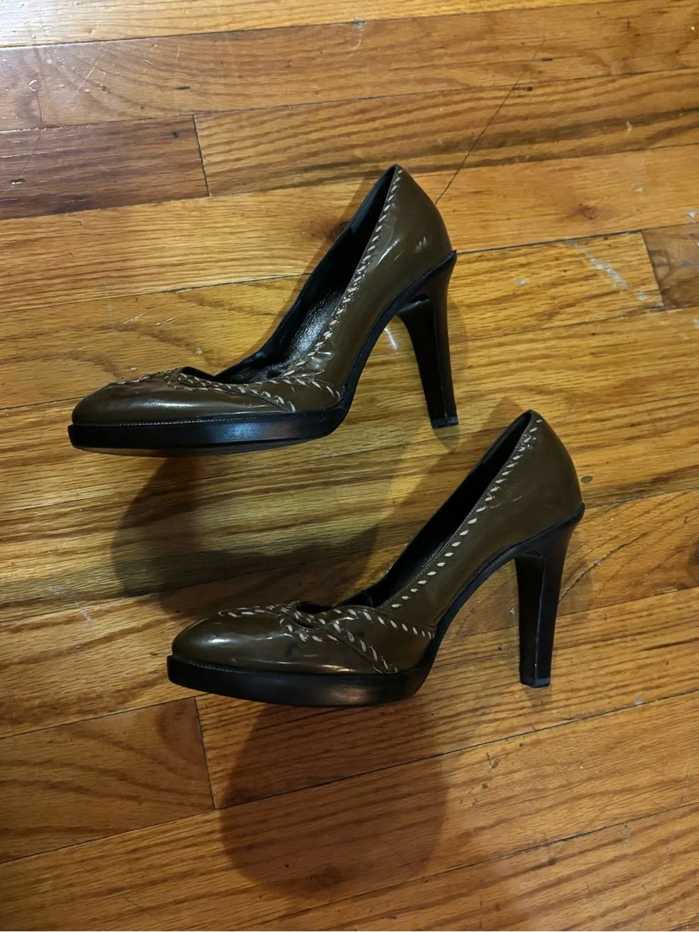 Vintage Bottega Veneta Olive Green Heels Whipstitch shoes Prada pumps 37.5 Gucci
